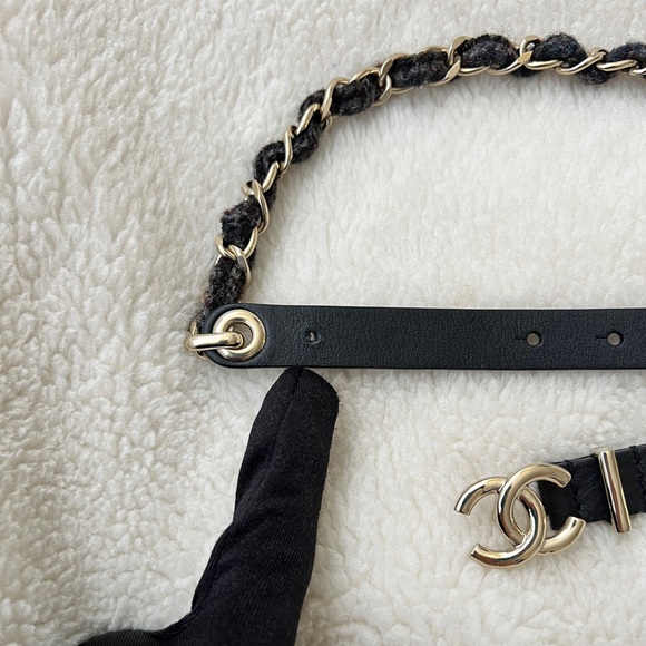 Auth Chanel 22K Classic Small CC Logo Tweed Chain Leather Belt - Size 70 - Picture 3 of 8